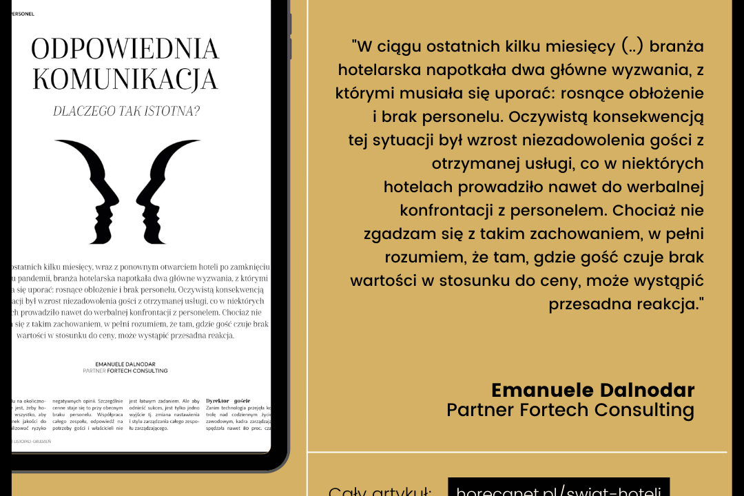 Emanuele Dalnodar na łamach ,,Świata Hoteli” opowiada o roli komunikacji w zarządzaniu obiektem hotelowym